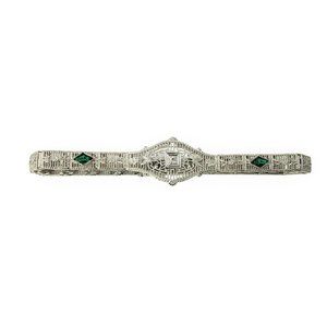 Vintage 10 Karat White Gold Filigree Diamond & Simulated Emerald Bracelet #11635